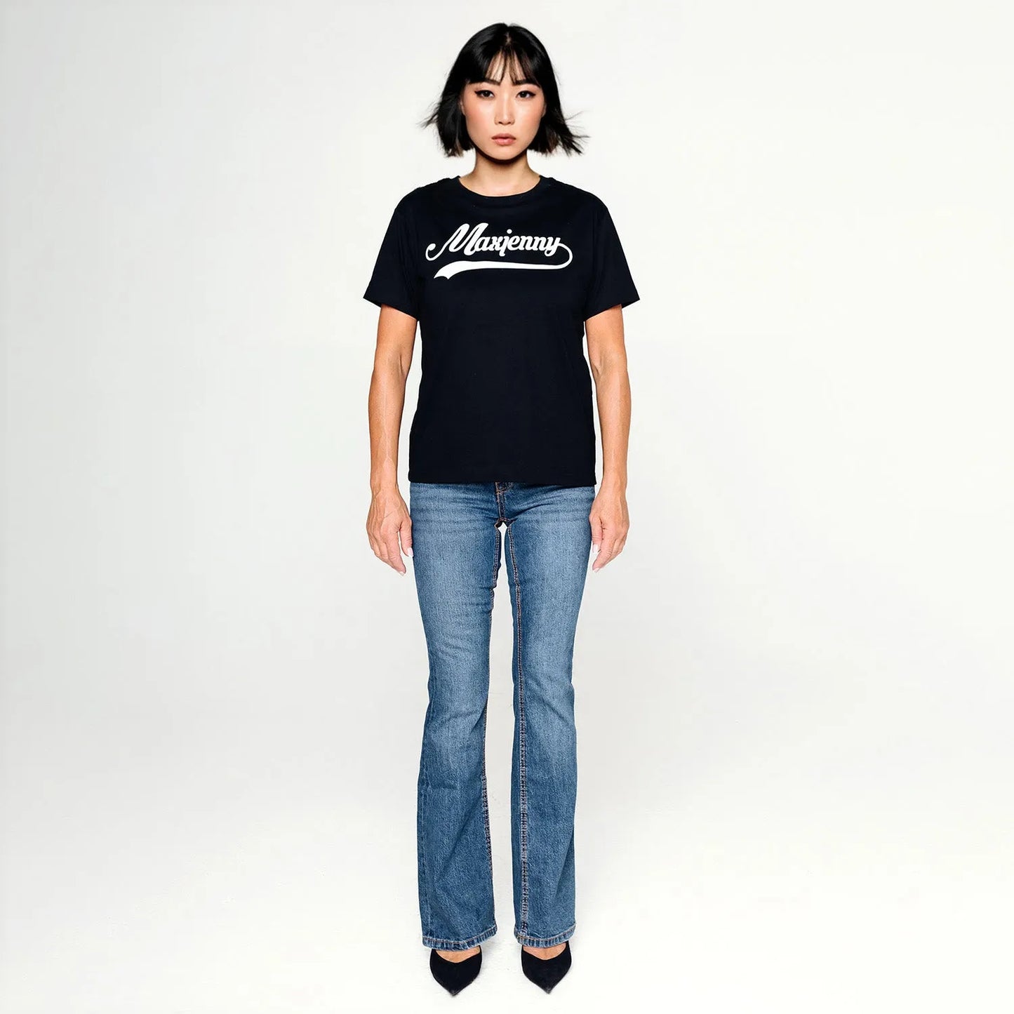 Printed on rescued stock black T-shirt Maxjenny swoosch
