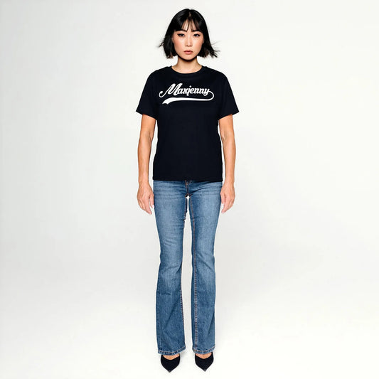 Printed on rescued stock black T-shirt Maxjenny swoosch