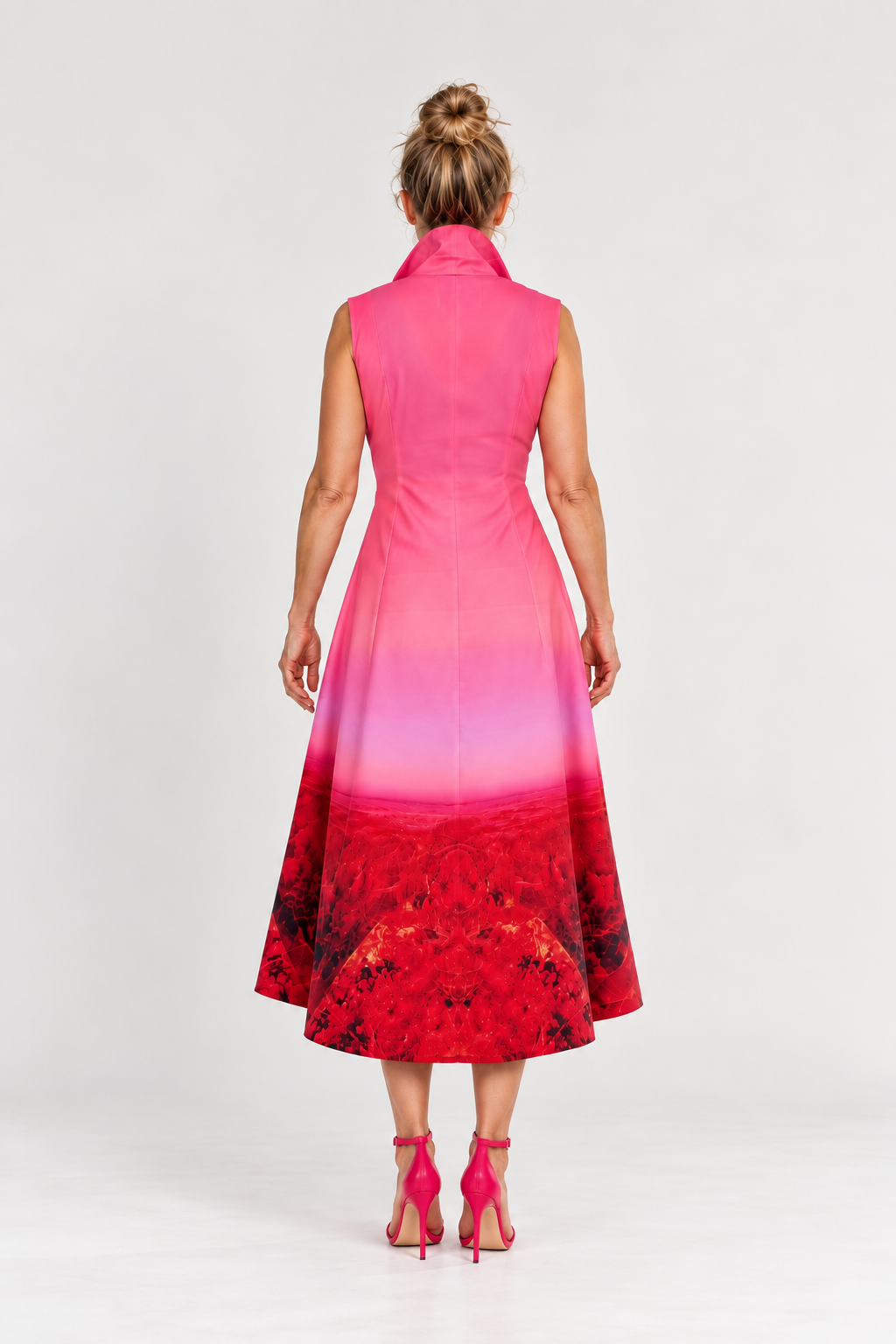 Sleeveless Swing Shirt Dress – Red Pink Landscape