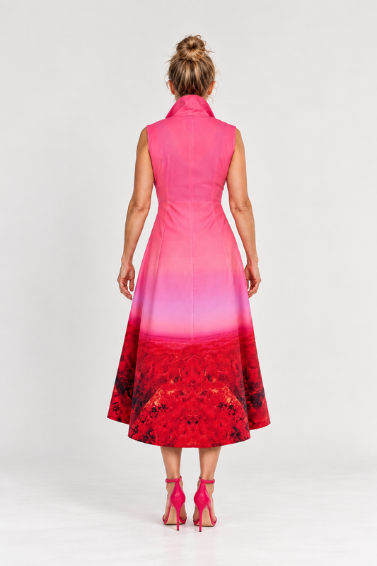 Sleeveless Swing Shirt Dress – Red Pink Landscape