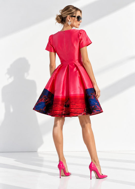 Deep V-Neck Flared Dress – Red Pink Landscape