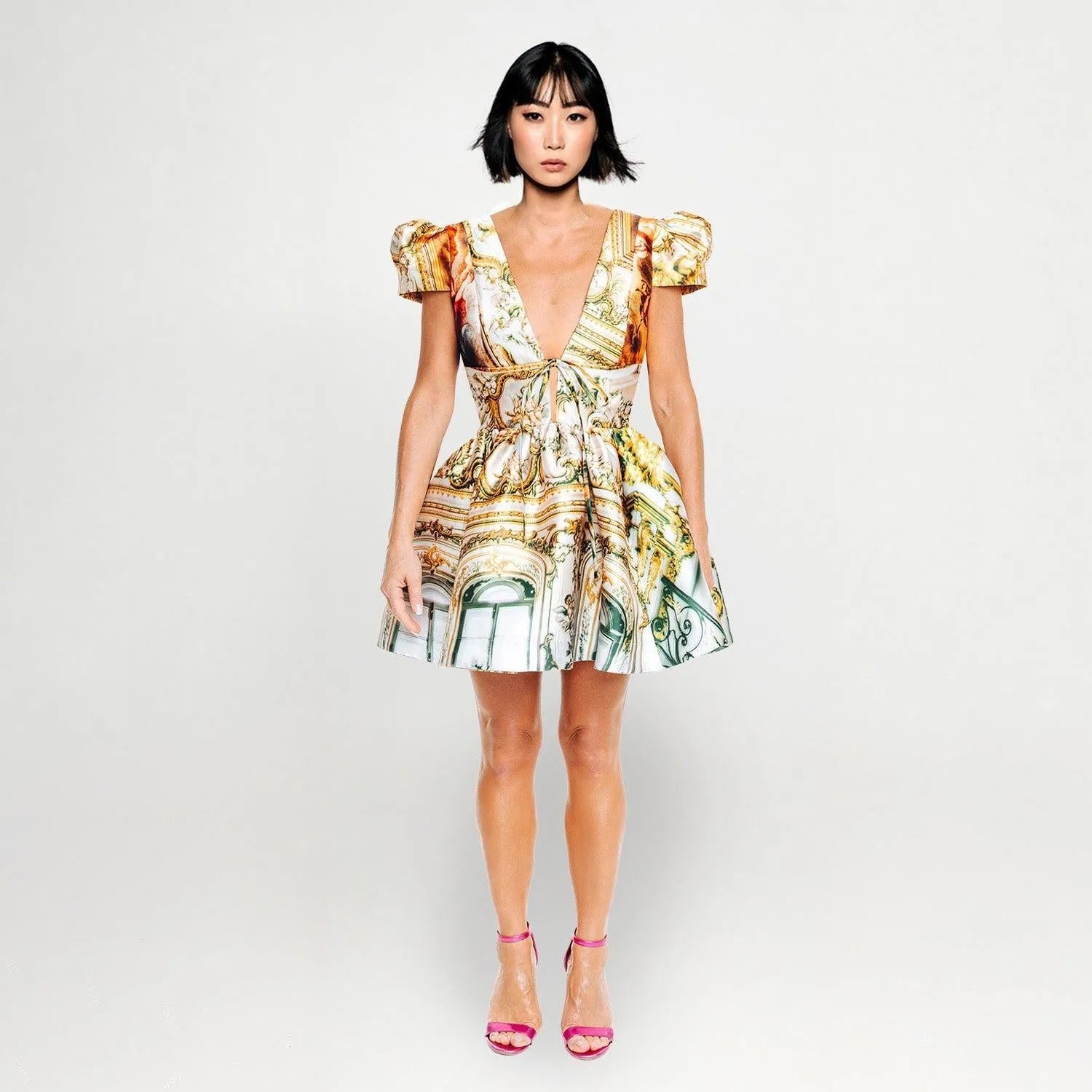 Royal Mini puffarm mini dress golden roof printed yellow