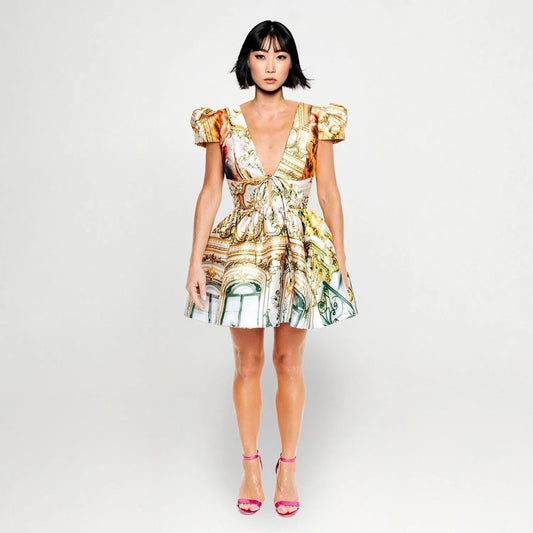 Royal Mini puffarm mini dress golden roof printed yellow