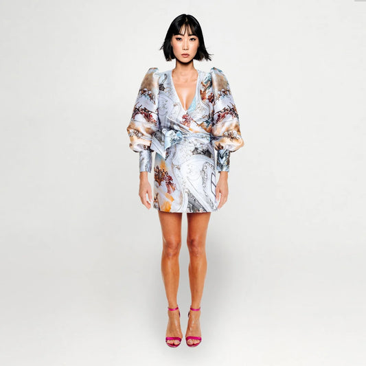 Royal Wrap puffarm mini dress sicily jubilee printed