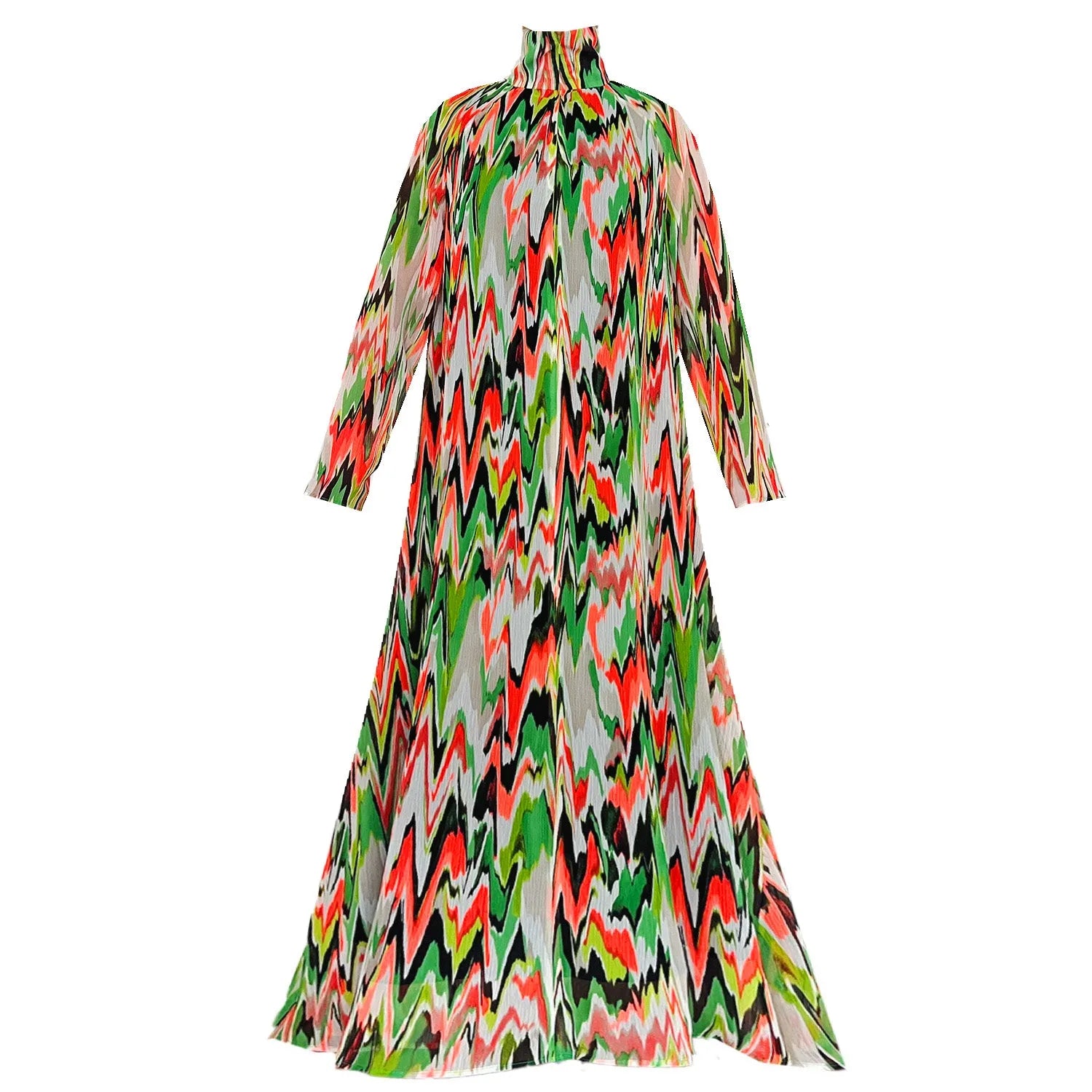 SALE A-line dress longarmed zigzag green orange patterned chiffong fabric