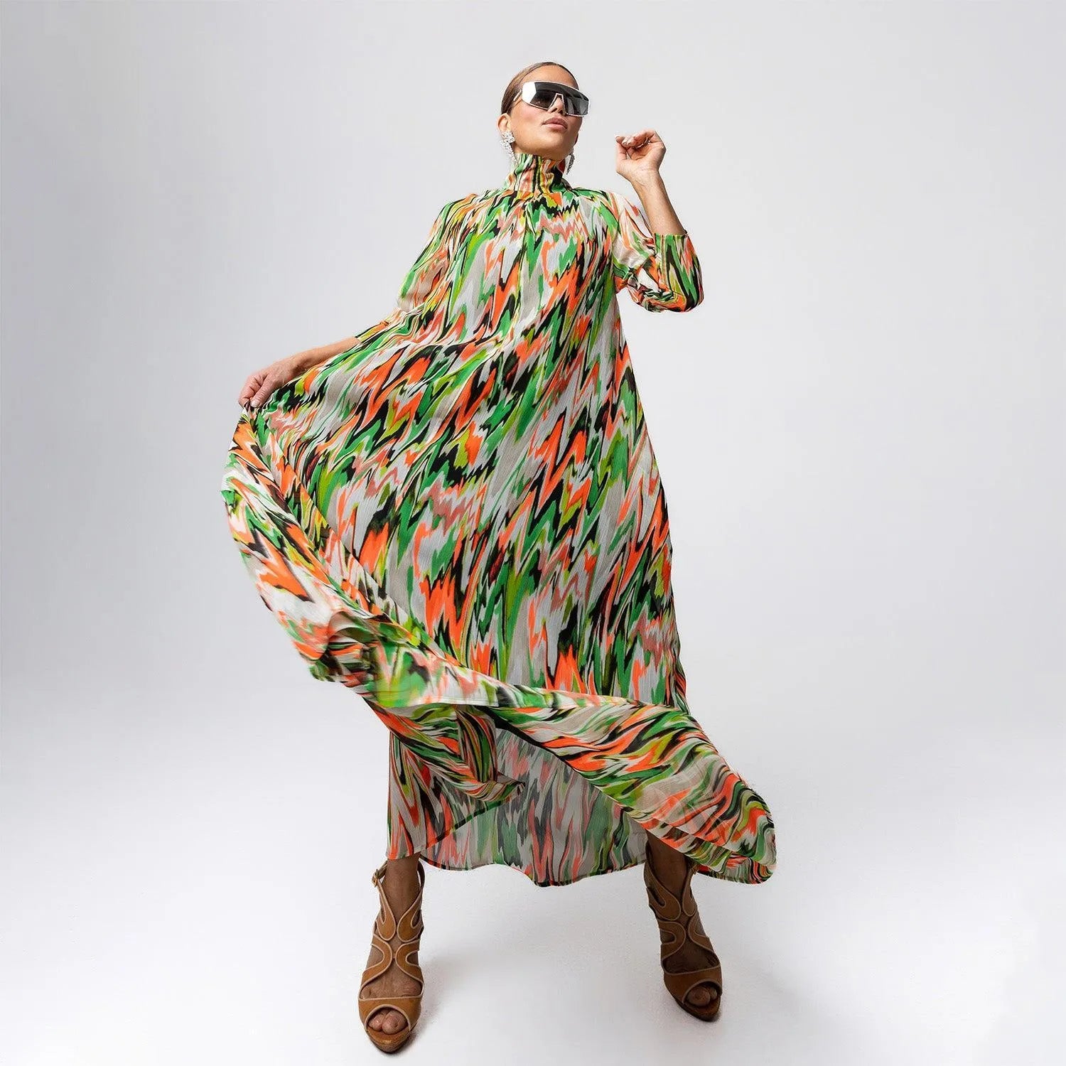 SALE A-line dress longarmed zigzag green orange patterned chiffong fabric