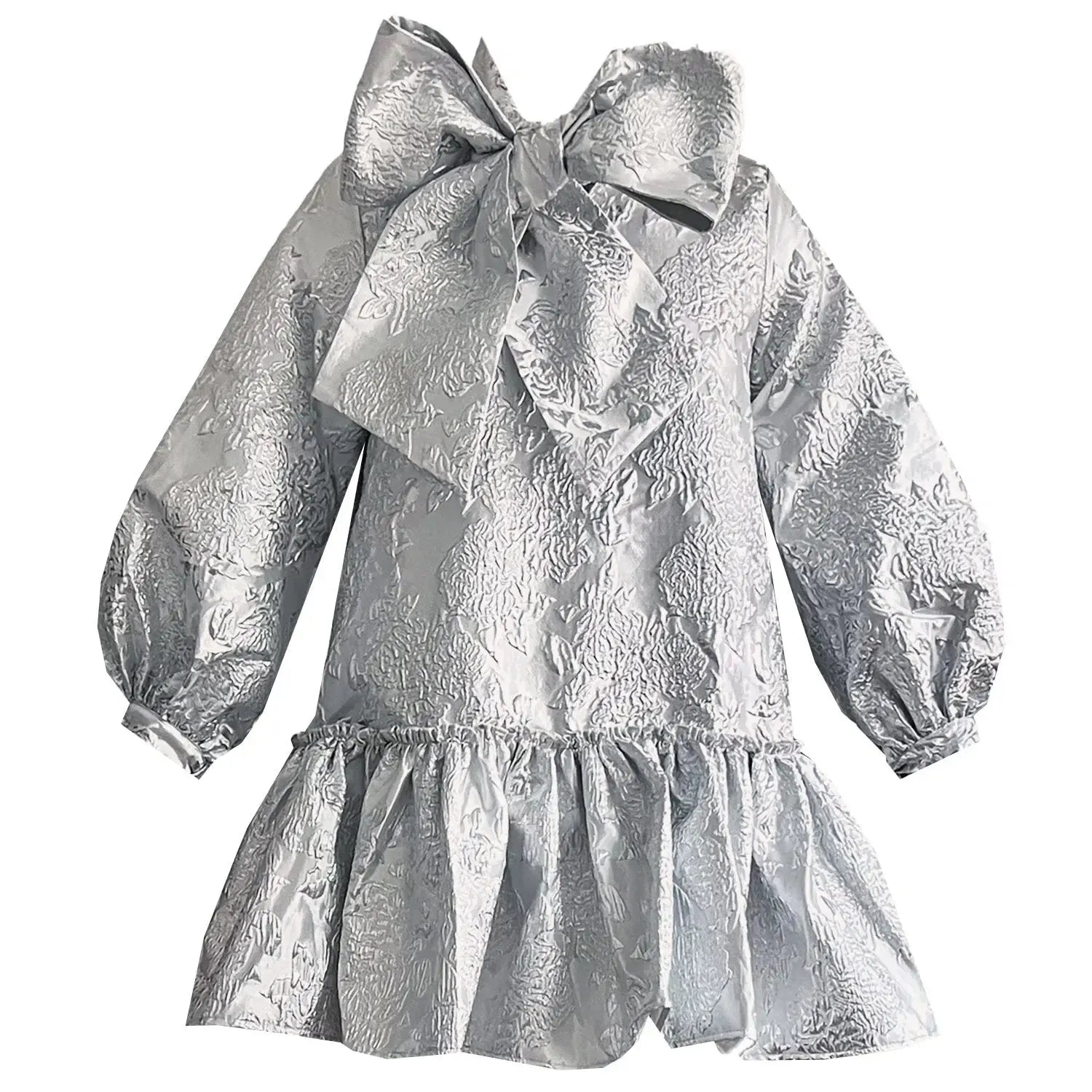 SALE Silver brocade bow midi dress printed