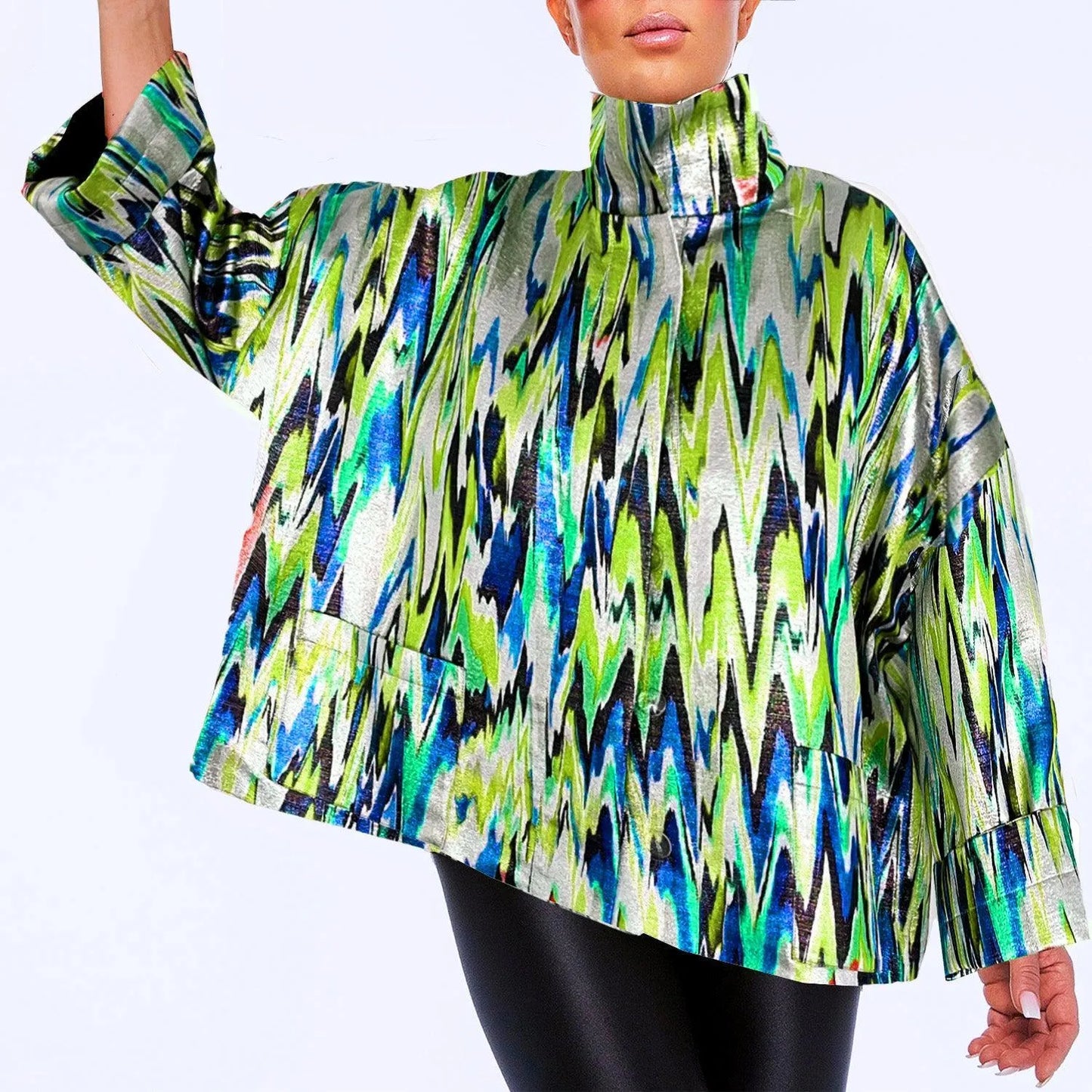 SALE Square boxy Jacket zigzag green turquise printed