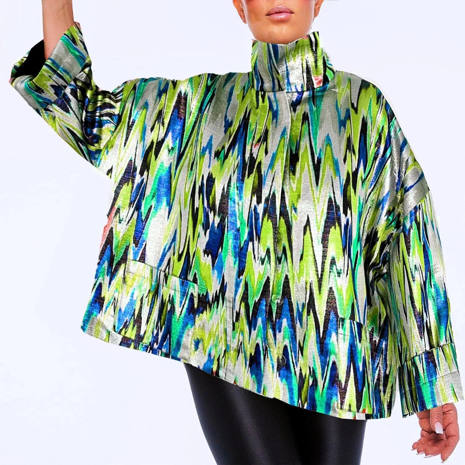 SALE Square boxy Jacket zigzag green turquise printed
