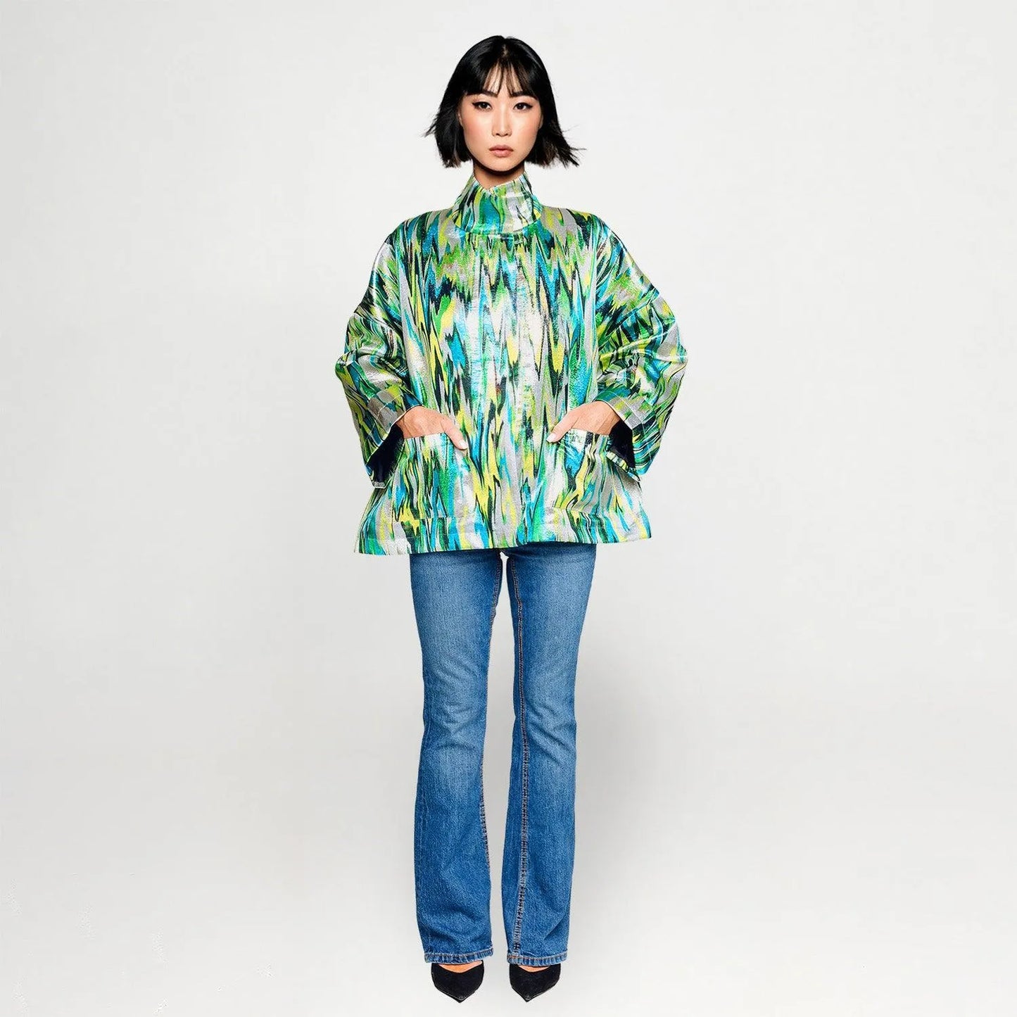 SALE Square boxy Jacket zigzag green turquise printed