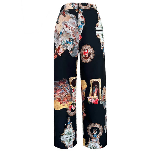 SALE Wide straight pants black sicily printed
