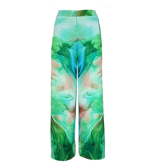 SALE Wide straight pants printed green smoke