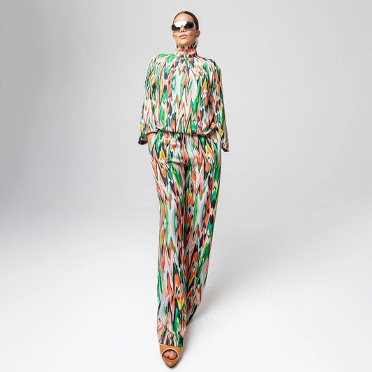 SALE Wide straight pants zigzag green orange printed