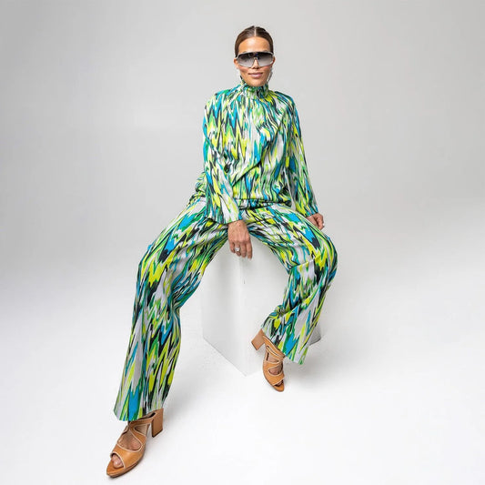 SALE Wide straight pants zigzag lime turquise printed