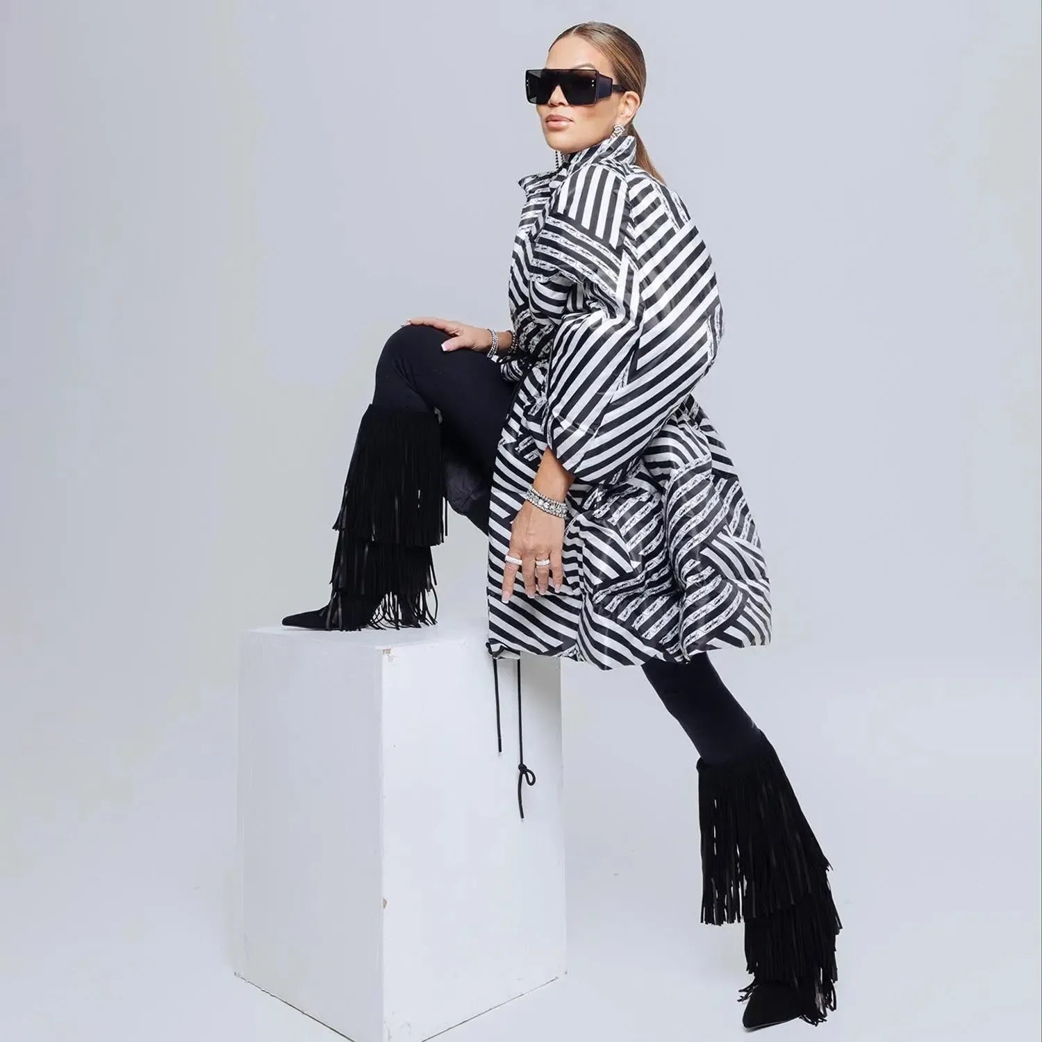 SALE oversized Square maxi puffer coat black & white printed