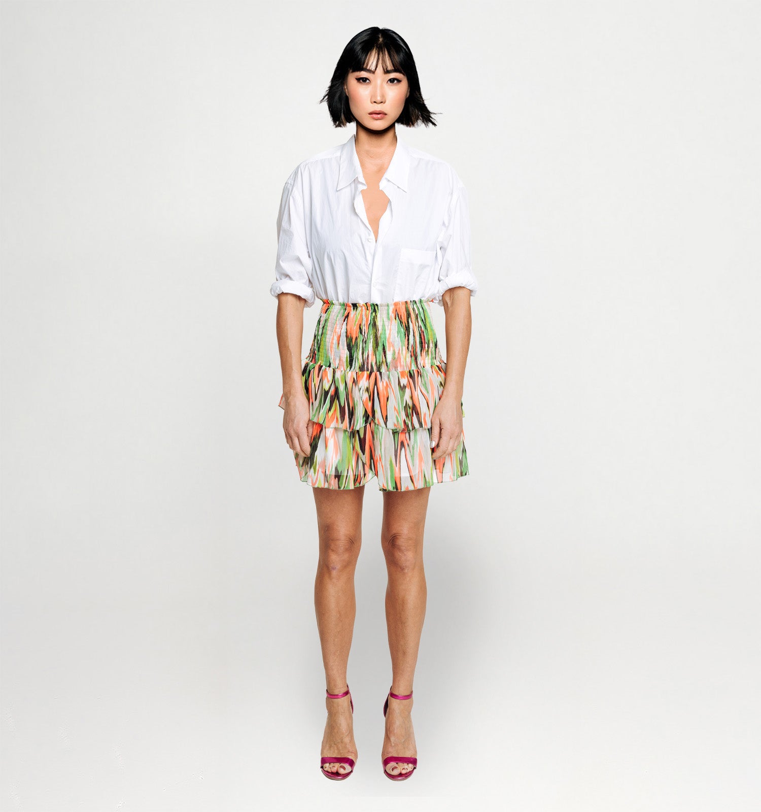 Smocked Ruffle Mini Skirt - Zigzag Green Orange