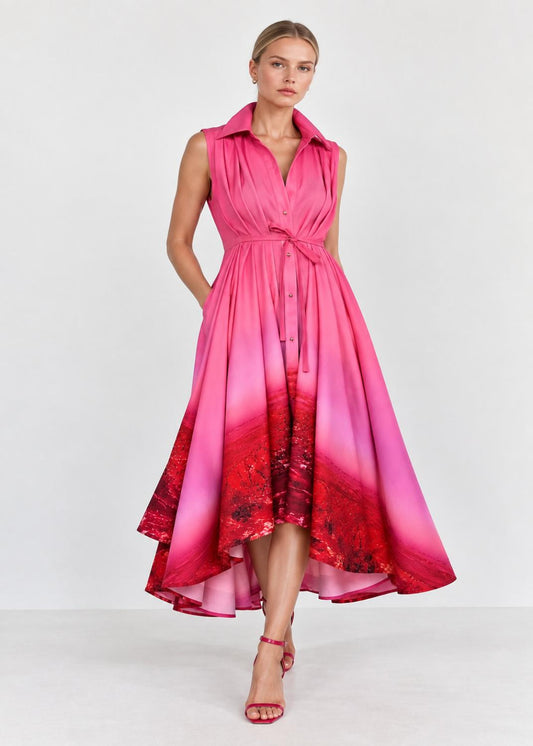Sleeveless Swing Shirt Dress – Red Pink Landscape