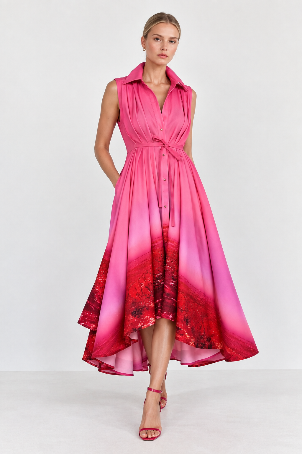 Sleeveless Swing Shirt Dress – Red Pink Landscape