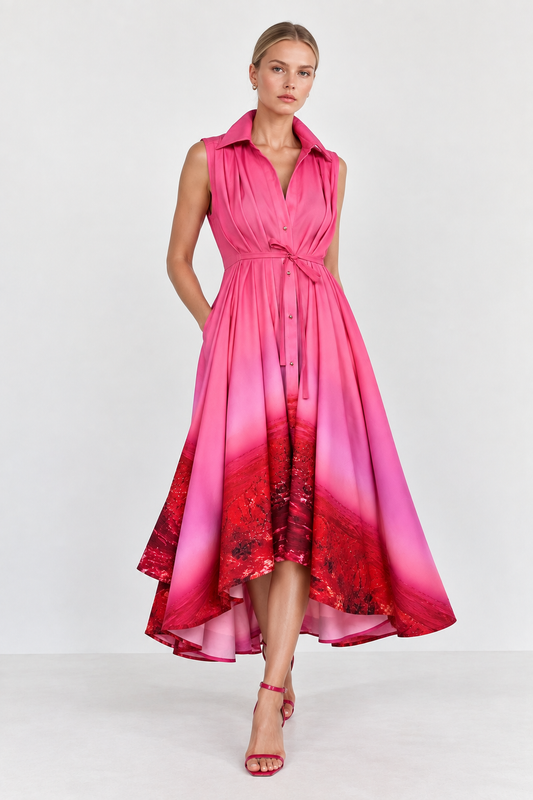 Sleeveless Swing Shirt Dress – Red Pink Landscape