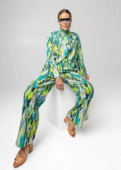 Wide & Slouchy Pants - Zigzag Lime Turquise
