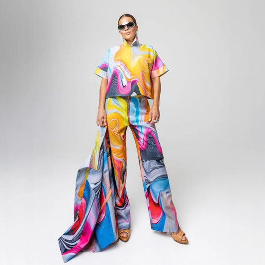 Wide straight pants print liquid flow