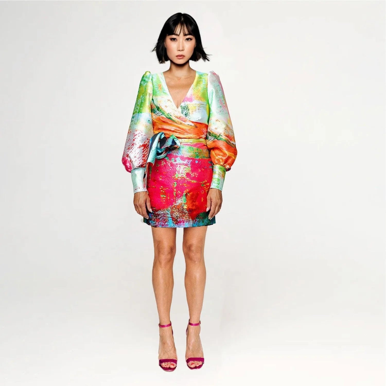 Wrap puffarm mini dress mother printed