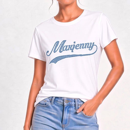 White T-shirt with Blue Swarovski Crystals