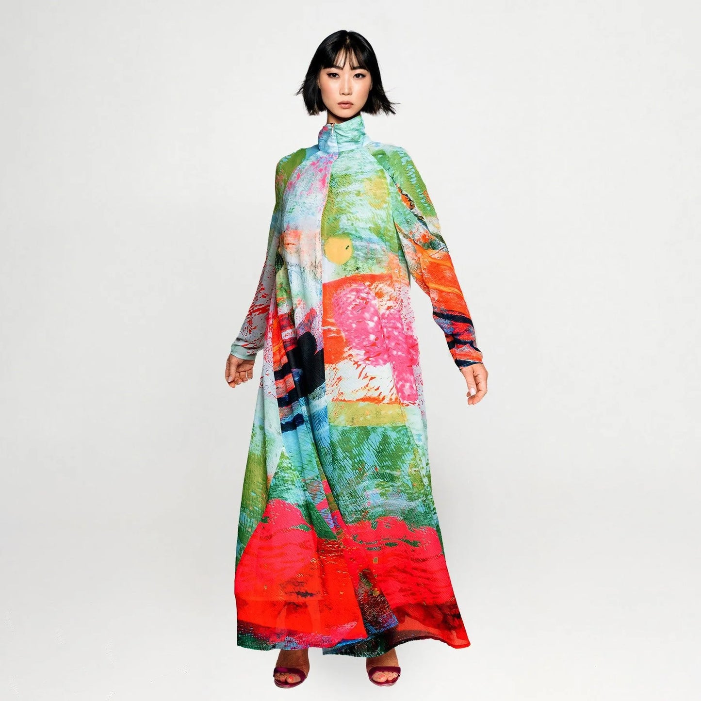 A-line dress longarmed green pink mother patterned chiffong