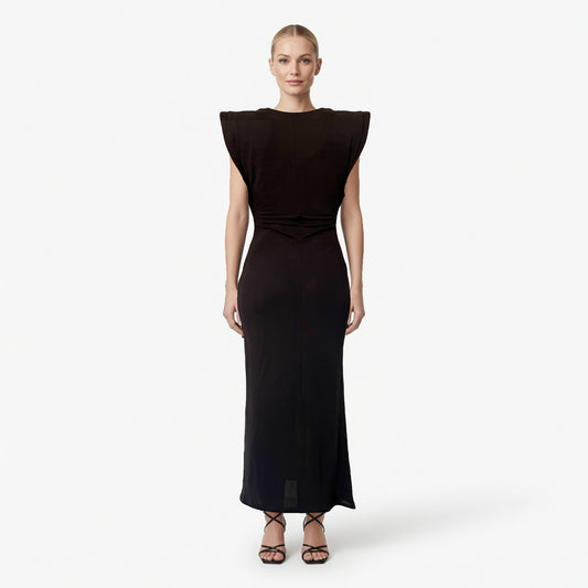 Langes schwarzes Jerseykleid mit markanten Schultern