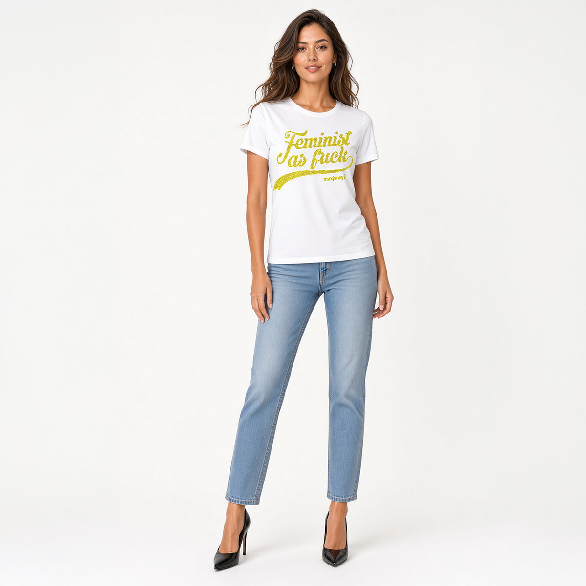 Feminist as Fuck Lime Yellow Swarovski Crystal T-Shirt – White
