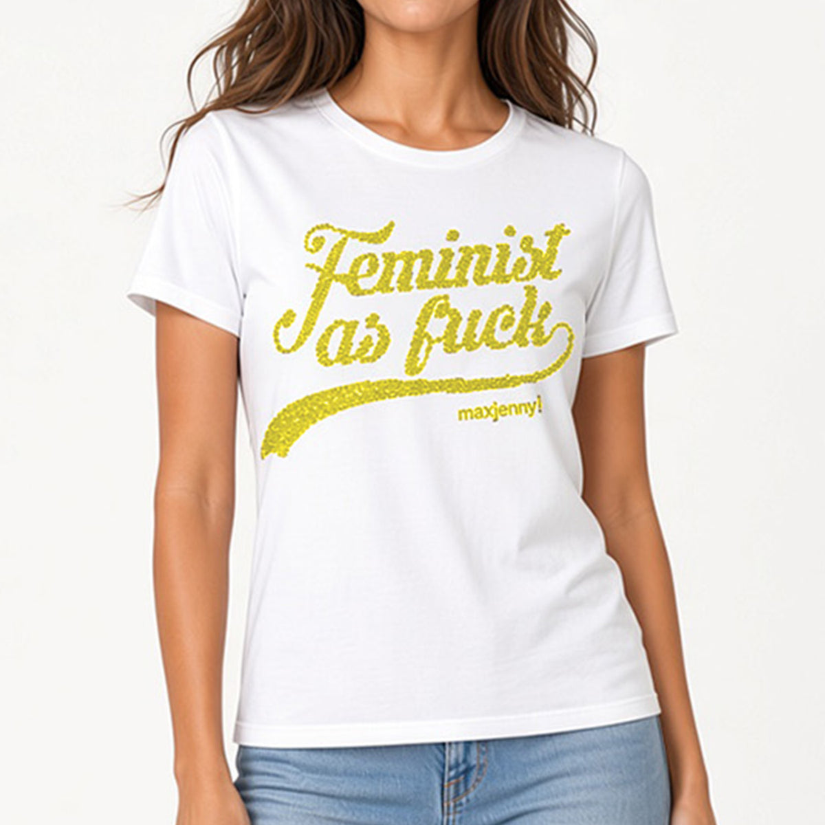 Feminist as Fuck Lime Yellow Swarovski Crystal T-Shirt – White