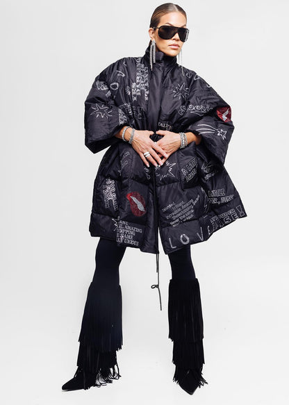 Oversized Puffer Coat – Black with Swarovski Details
