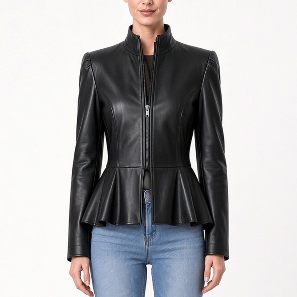 Skräddarsydd peplum skinnjacka – Svart