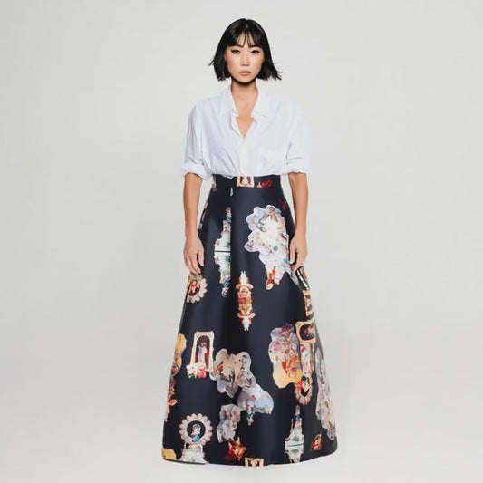 Sicily black long evening skirt printed
