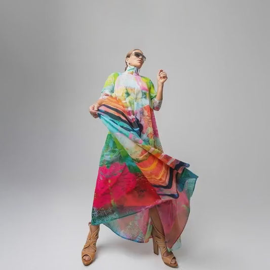 A-line dress longarmed green pink mother patterned chiffong