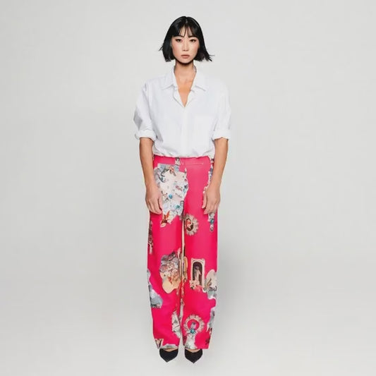 Wide straight pants strong pink sicily printed