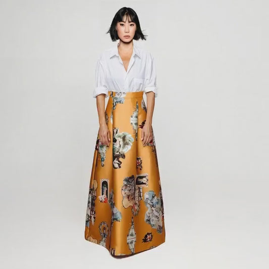 Sicily mustard long evening skirt printed