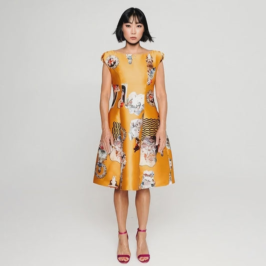 Sicily mustard lionyellow midi dress printed