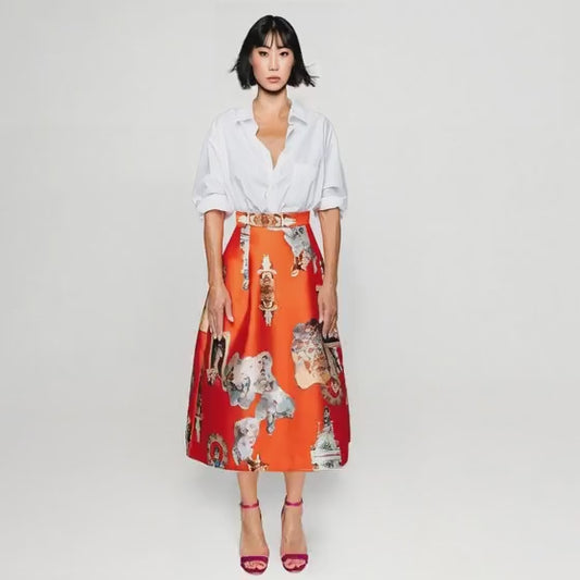 Kjol över knäet – Sicily Röd Mönstrad | maxjenny!