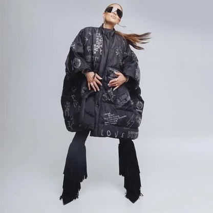 Oversized Puffer Coat – Black with Swarovski Details