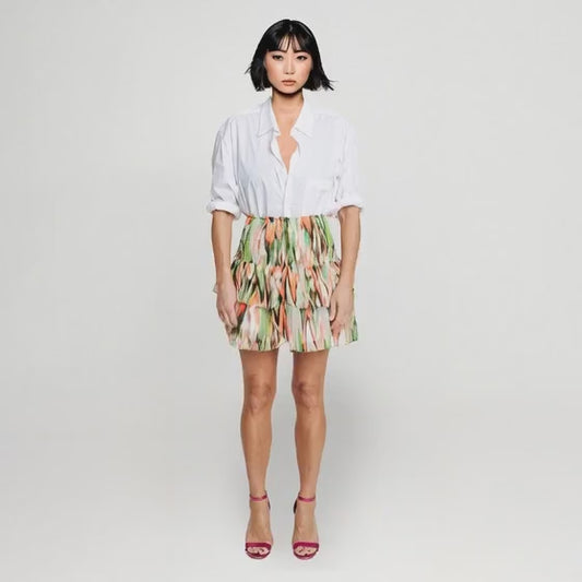 zig zag grön orange mönstrad resår kjol med smock och dubbelvolang