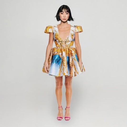 Mini puffärmsklänning – Golden Roof Gulblå | maxjenny!