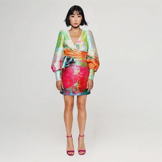 Wrap puffarm mini dress mother printed