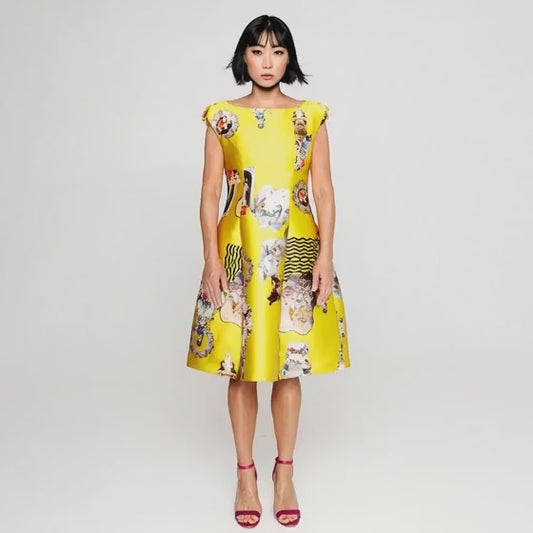 Sicily gul mønstret midi kjole