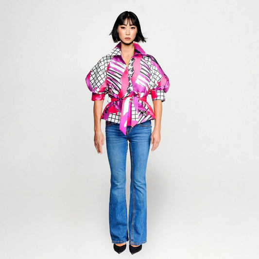 shirtjacket with puffarm and belt arty print pink purple black and white