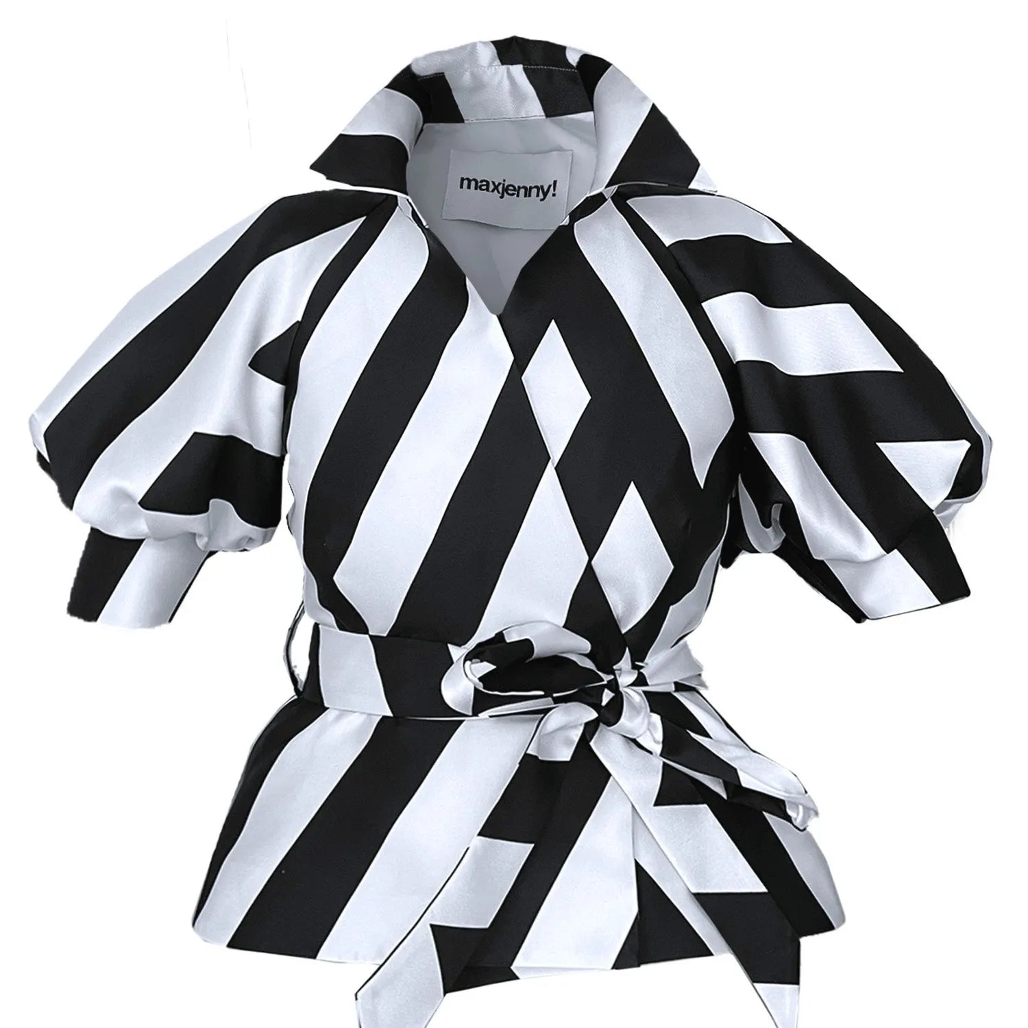 shirtjacket with puffarm and belt black and white graphic print