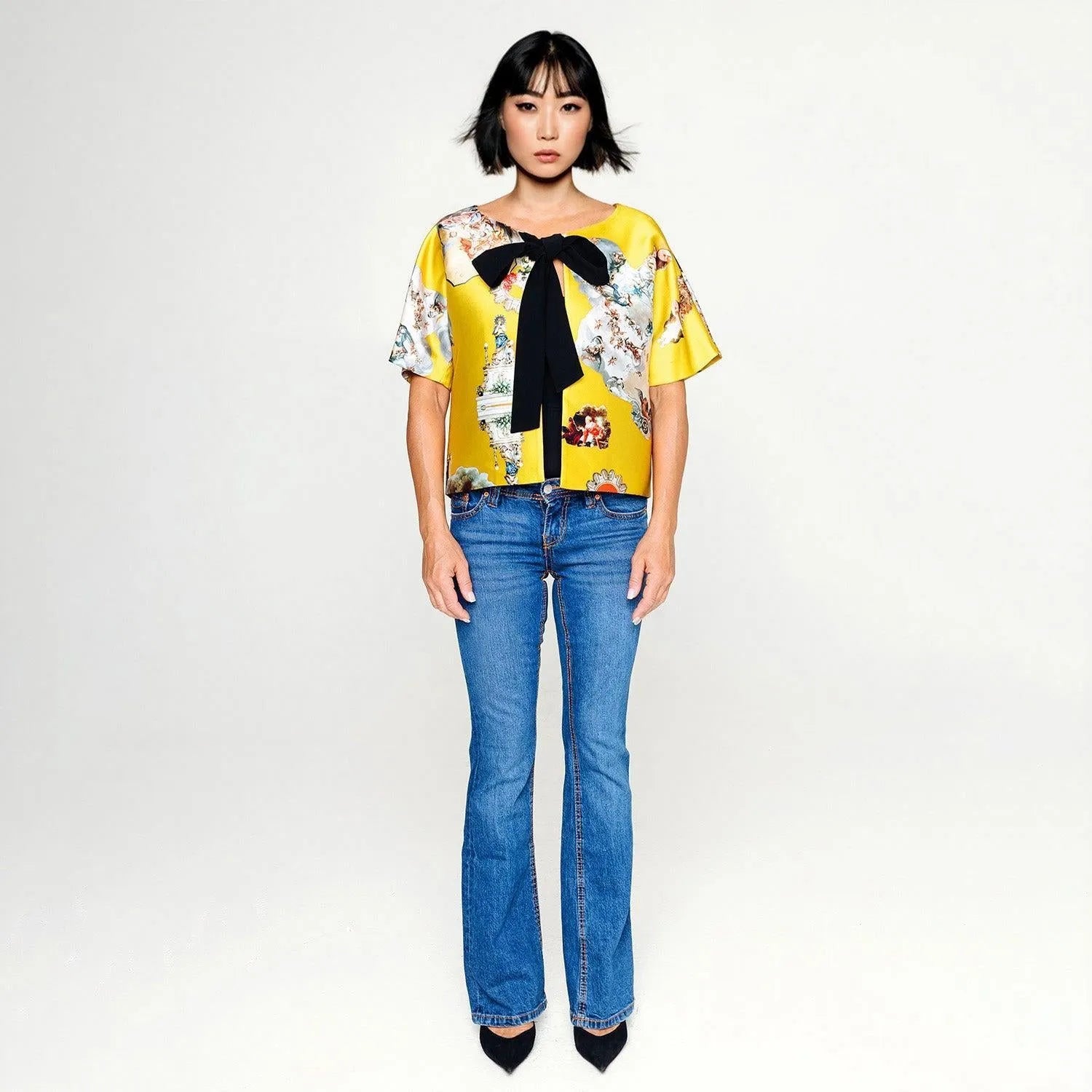 Cropped Jacket with Bow Detail sicily yellow printed