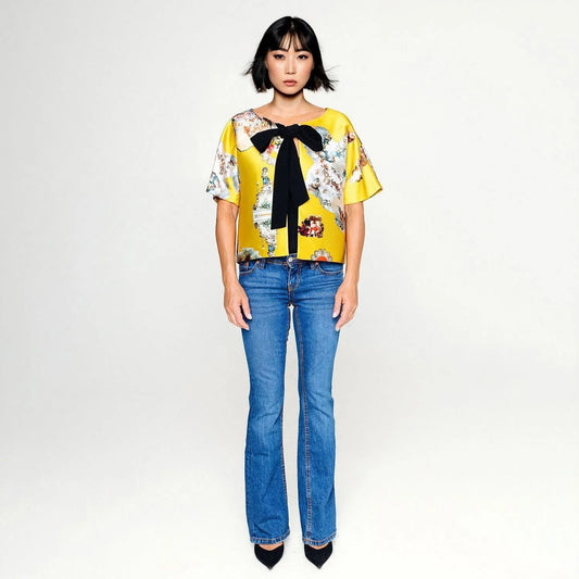 Cropped Jacket with Bow Detail sicily yellow printed