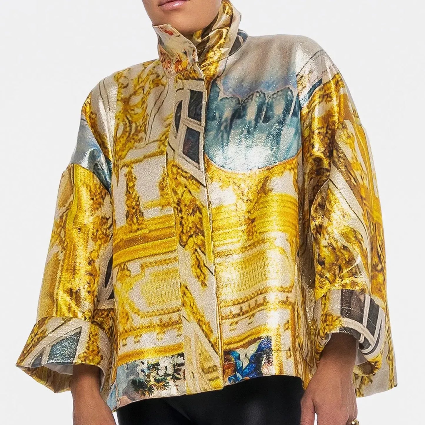 square boxy jacket golden roof gold printed