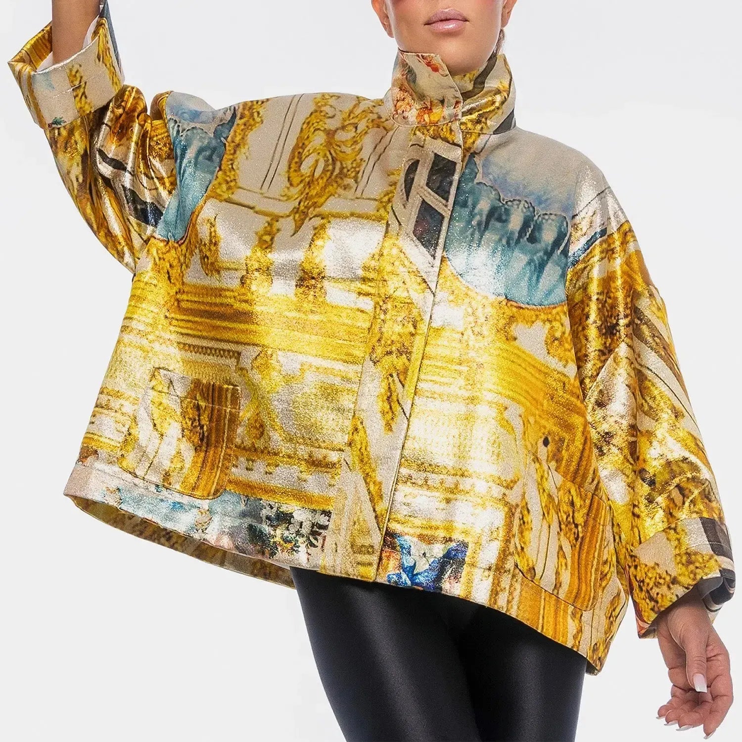 square boxy jacket golden roof gold printed